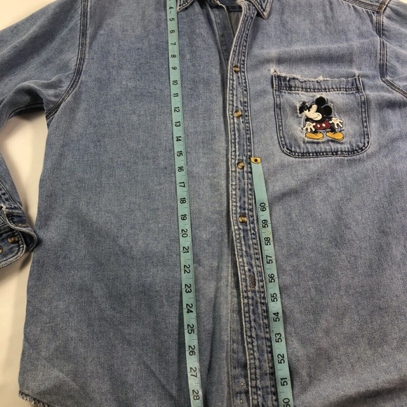 Vintage 90s Disney Store Distressed Embroidered Mickey Mouse Pocket Denim Shirt - Picture 8 of 10